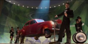 Howard Stark w „Kapitanie Ameryce: Pierwszym Starciu” prezentuje swój latający samochód.